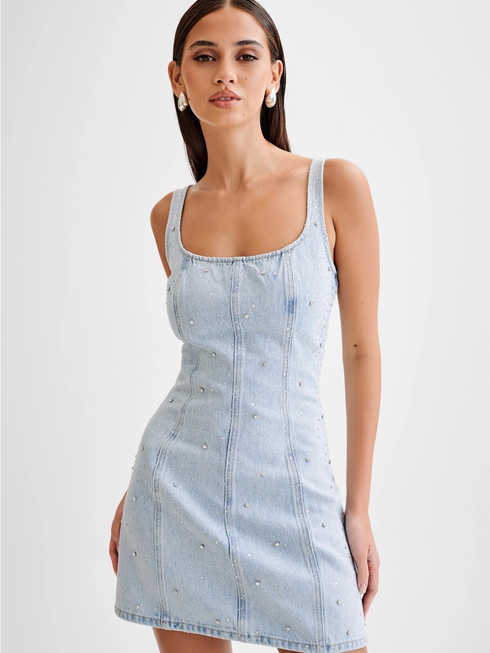 Meshki Light Blue Embellished Denim Mini Dress